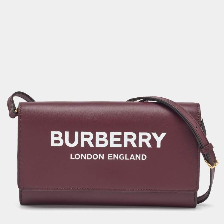 Pre Owned Burberry Burgundy Leather Logo Flap Wallet Crossbody Bag