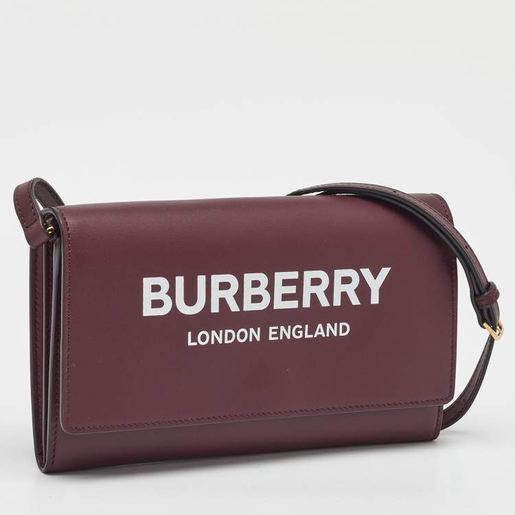 Pre Owned Burberry Burgundy Leather Logo Flap Wallet Crossbody Bag