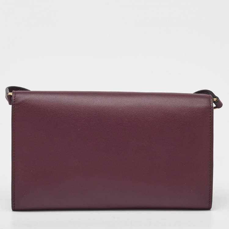 Pre Owned Burberry Burgundy Leather Logo Flap Wallet Crossbody Bag
