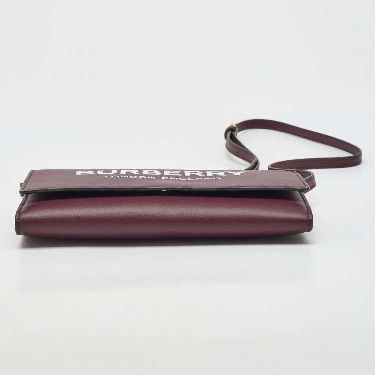 Pre Owned Burberry Burgundy Leather Logo Flap Wallet Crossbody Bag