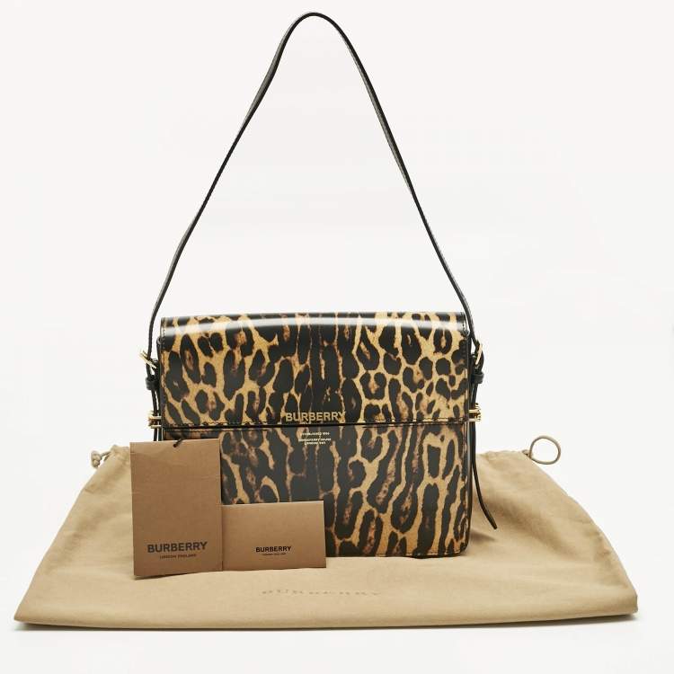 مملوكة مسبقًا Burberry Black/Brown Leopard Print Glossy Leather Large Grace Shoulder Bag