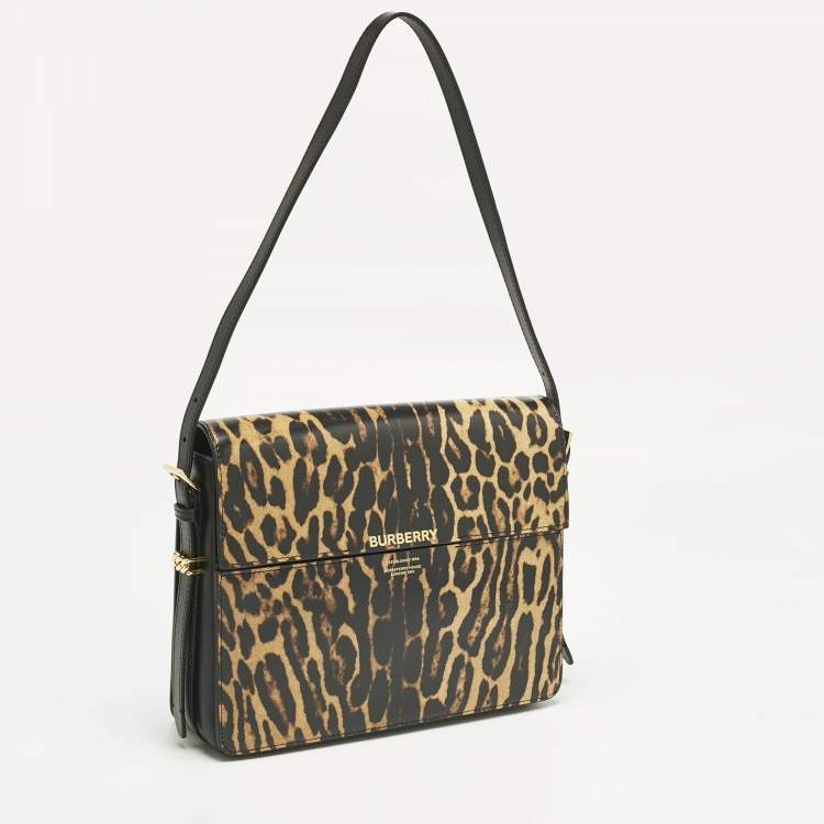 مملوكة مسبقًا Burberry Black/Brown Leopard Print Glossy Leather Large Grace Shoulder Bag