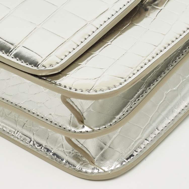 Pre Owned Burberry Silver Croc Embossed Patent Leather Small TB Shoulder Bag