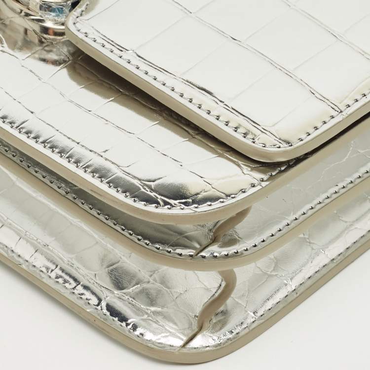 Pre Owned Burberry Silver Croc Embossed Patent Leather Small TB Shoulder Bag