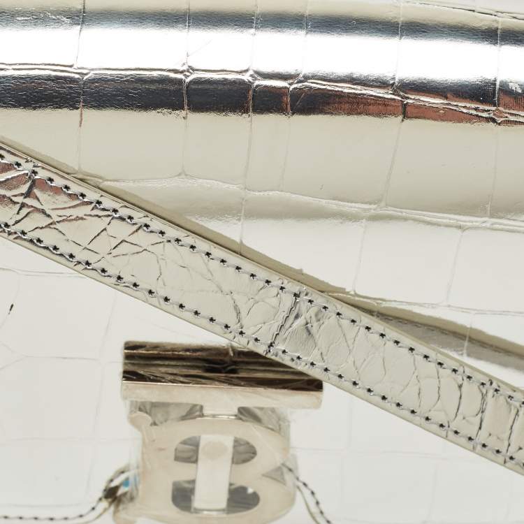 Pre Owned Burberry Silver Croc Embossed Patent Leather Small TB Shoulder Bag