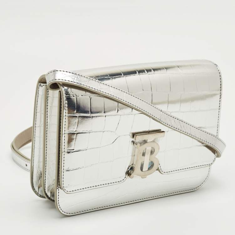 Pre Owned Burberry Silver Croc Embossed Patent Leather Small TB Shoulder Bag