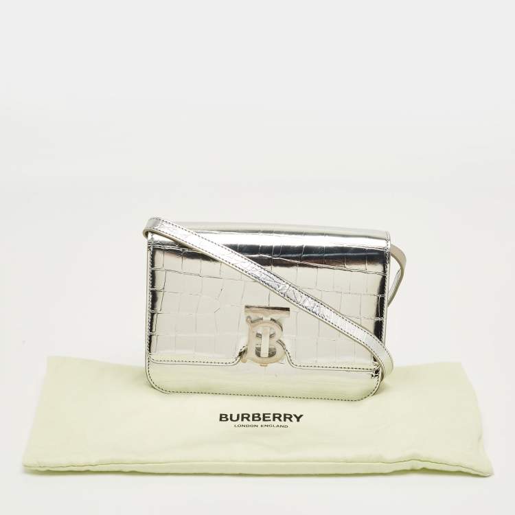 Pre Owned Burberry Silver Croc Embossed Patent Leather Small TB Shoulder Bag