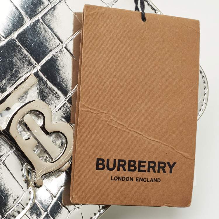 Pre Owned Burberry Silver Croc Embossed Patent Leather Small TB Shoulder Bag