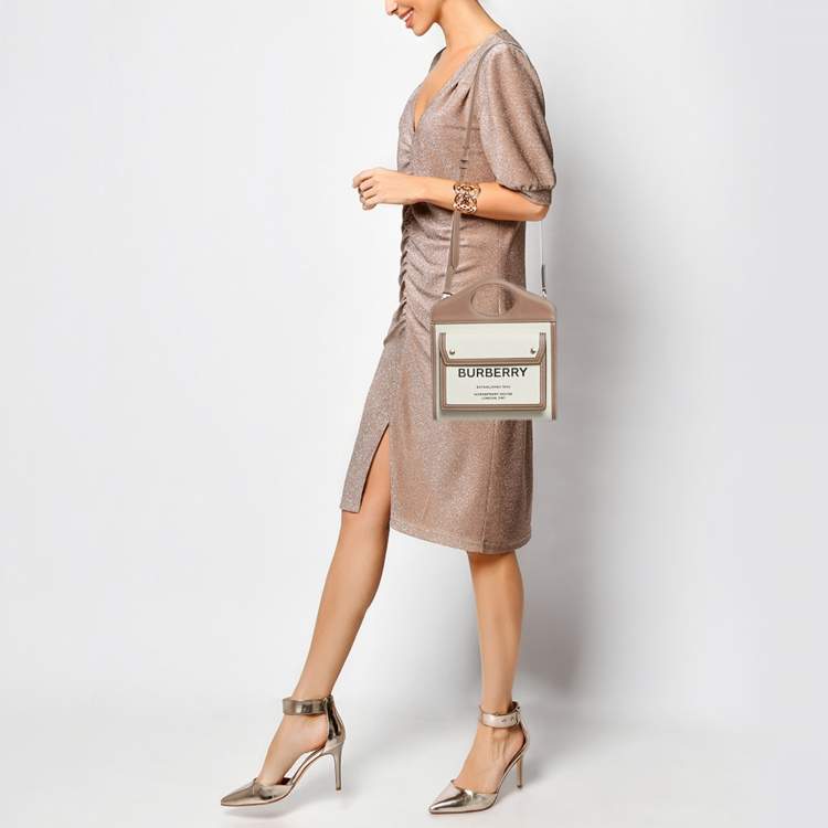 Pre Owned Burberry Brown/Cream Leather and Canvas Mini Pocket Tote