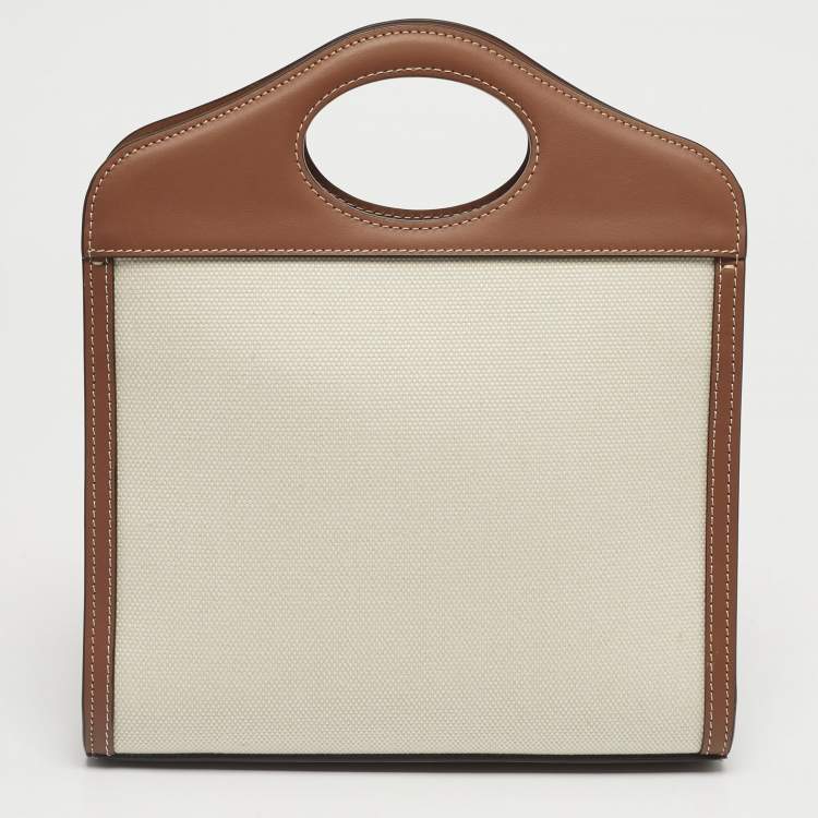 Pre Owned Burberry Brown/Cream Leather and Canvas Mini Pocket Tote