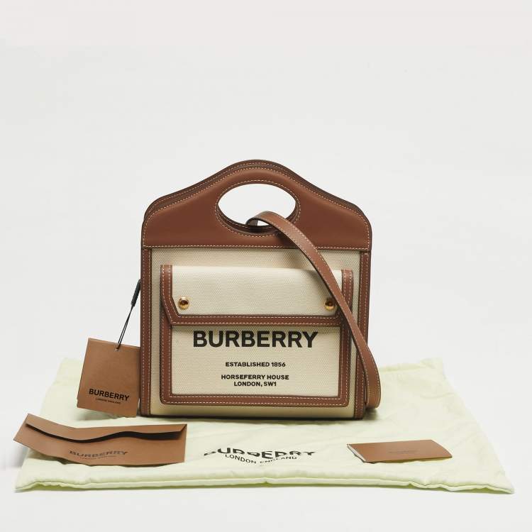 Pre Owned Burberry Brown/Cream Leather and Canvas Mini Pocket Tote