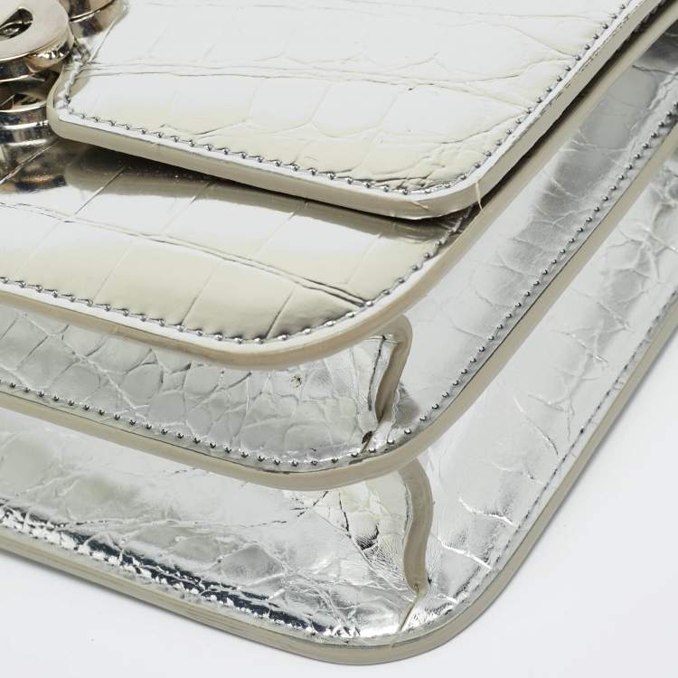 Pre Owned Burberry Silver Croc Embossed Patent Leather Small TB Shoulder Bag