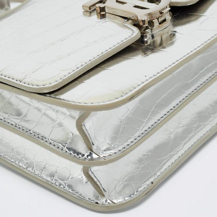 Pre Owned Burberry Silver Croc Embossed Patent Leather Small TB Shoulder Bag
