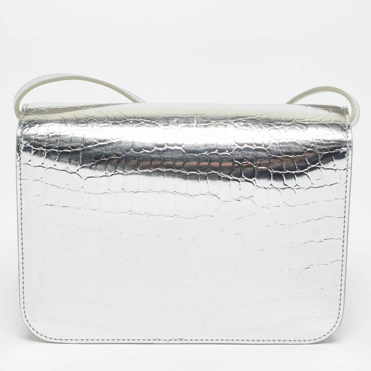 Pre Owned Burberry Silver Croc Embossed Patent Leather Small TB Shoulder Bag