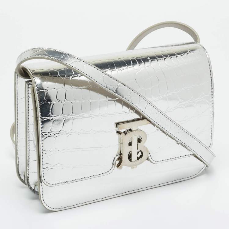 Pre Owned Burberry Silver Croc Embossed Patent Leather Small TB Shoulder Bag