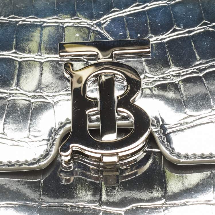 Pre Owned Burberry Silver Croc Embossed Patent Leather Small TB Shoulder Bag
