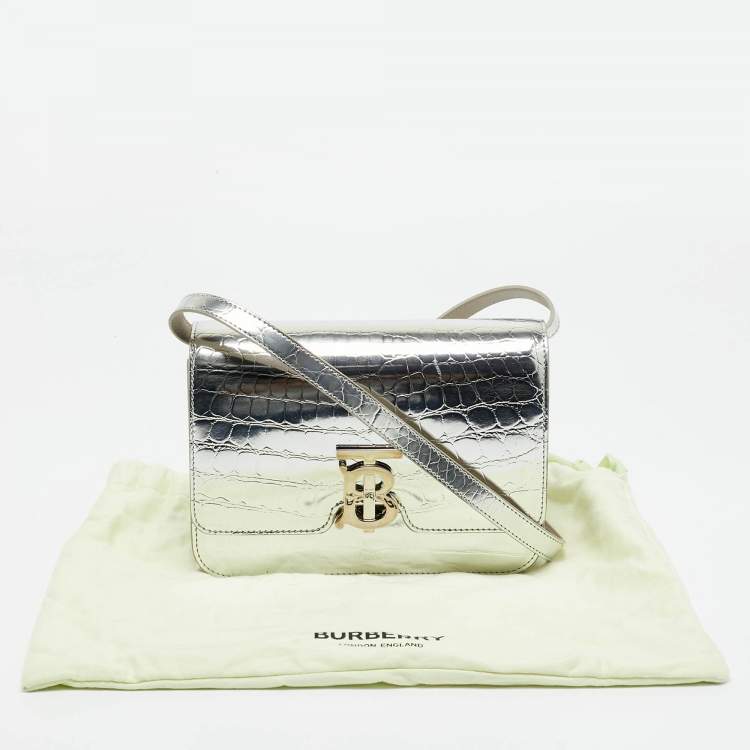 Pre Owned Burberry Silver Croc Embossed Patent Leather Small TB Shoulder Bag