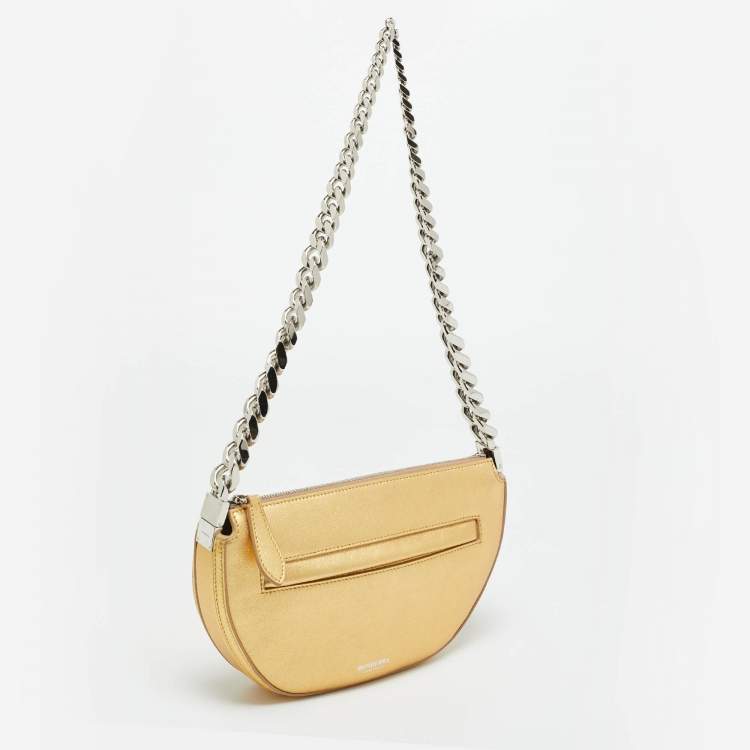 Pre Owned Burberry Gold Leather Mini Olympia Zip Chain Bag