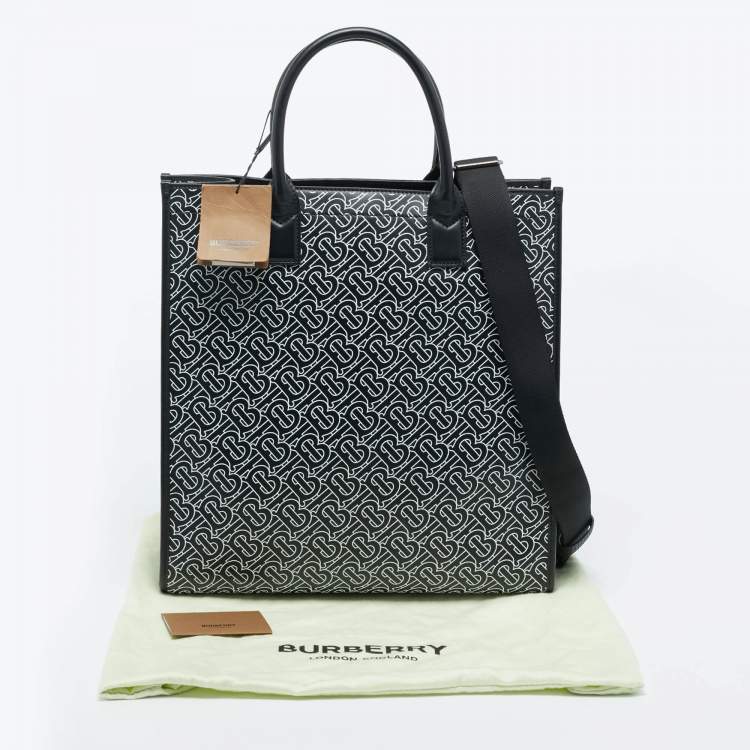 Pre Owned Burberry Black/White TB Logo Leather Vertical Denny Tote