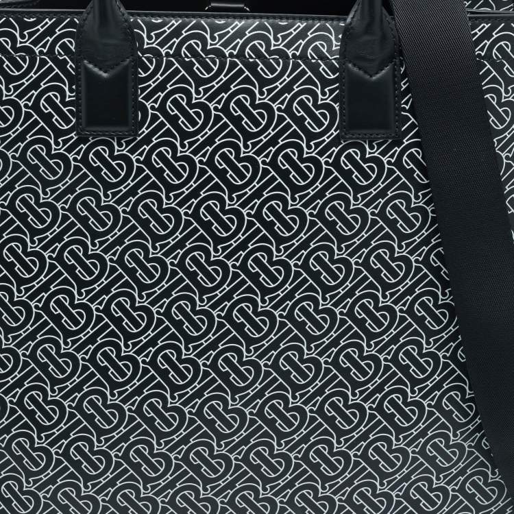 Pre Owned Burberry Black/White TB Logo Leather Vertical Denny Tote