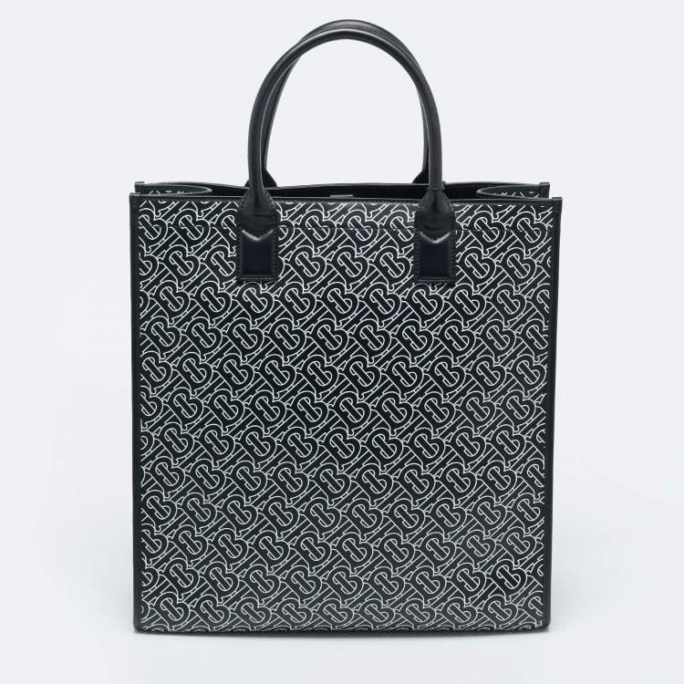 Pre Owned Burberry Black/White TB Logo Leather Vertical Denny Tote