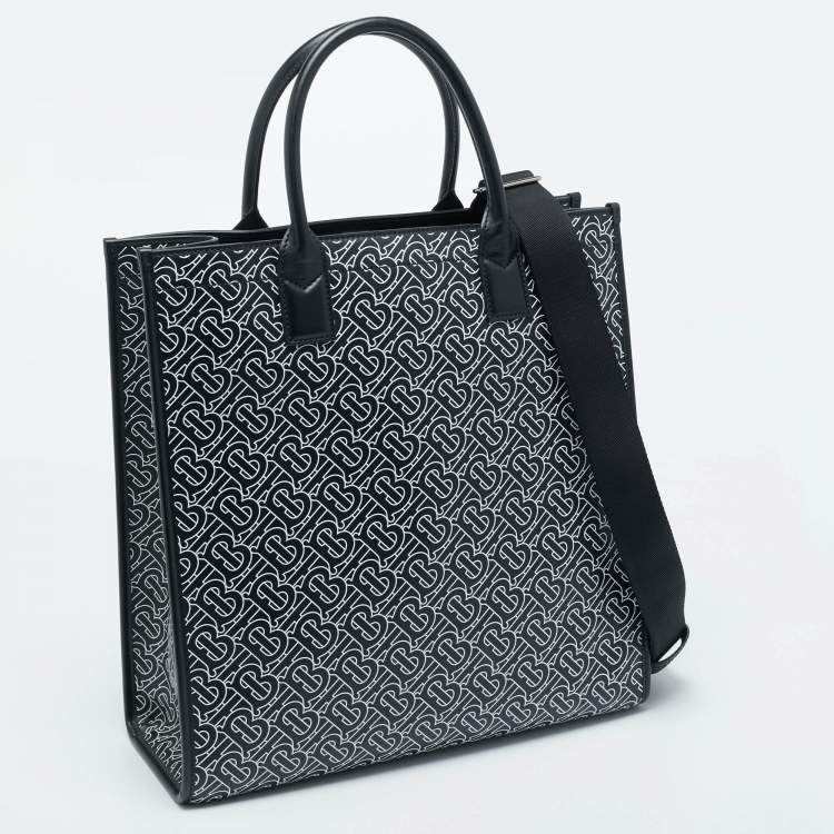 Pre Owned Burberry Black/White TB Logo Leather Vertical Denny Tote