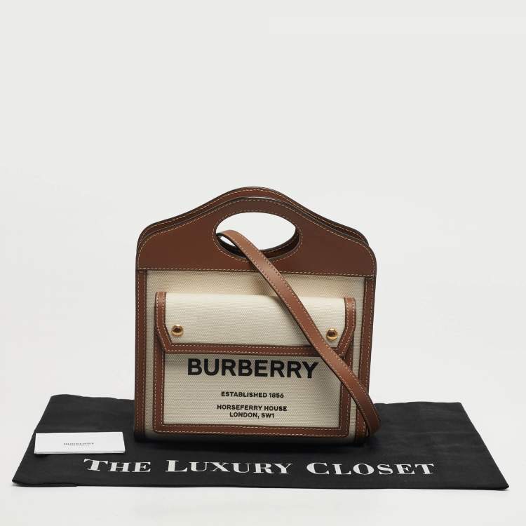 Pre Owned Burberry Pocket Mini Brown/Off White Leather and Canvas Tote