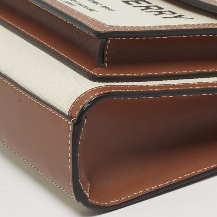 Pre Owned Burberry Pocket Mini Brown/Off White Leather and Canvas Tote