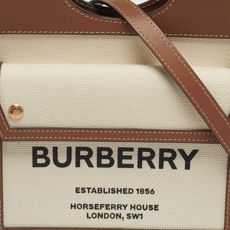 Pre Owned Burberry Pocket Mini Brown/Off White Leather and Canvas Tote
