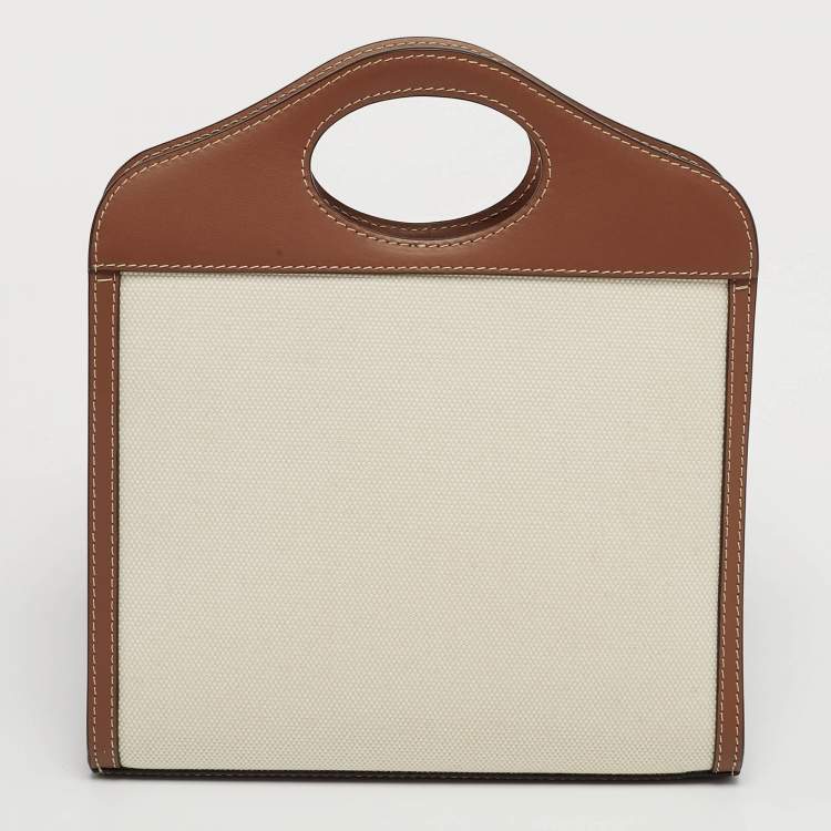 Pre Owned Burberry Pocket Mini Brown/Off White Leather and Canvas Tote