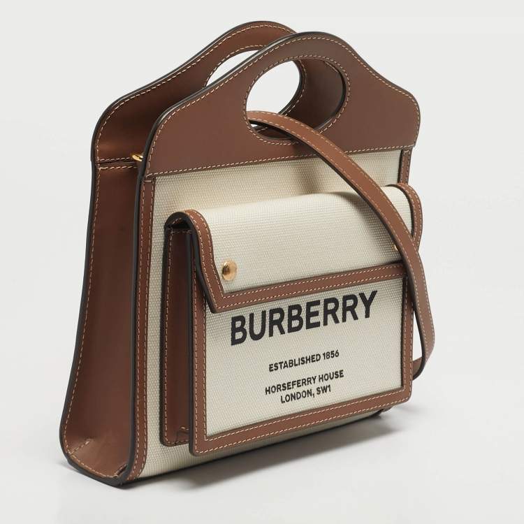 Pre Owned Burberry Pocket Mini Brown/Off White Leather and Canvas Tote