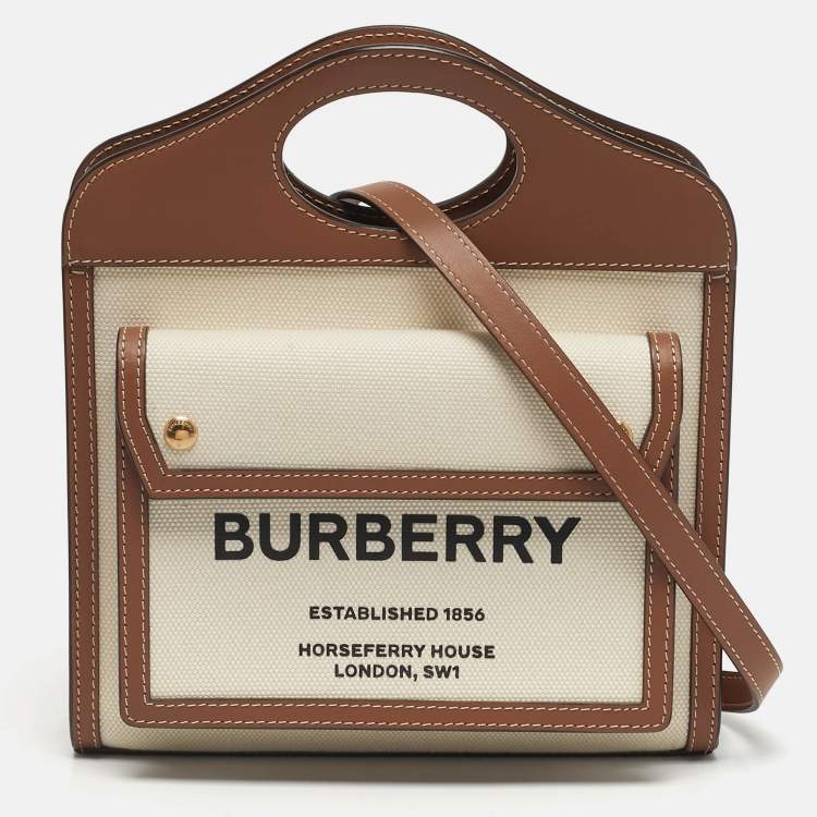 Pre Owned Burberry Pocket Mini Brown/Off White Leather and Canvas Tote