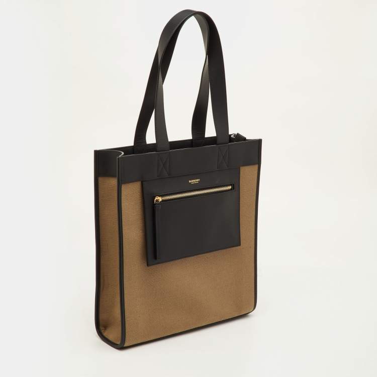 Pre Owned Burberry Pocket Manzon Small Black/Beige Canvas and Leather Shopper Tote
