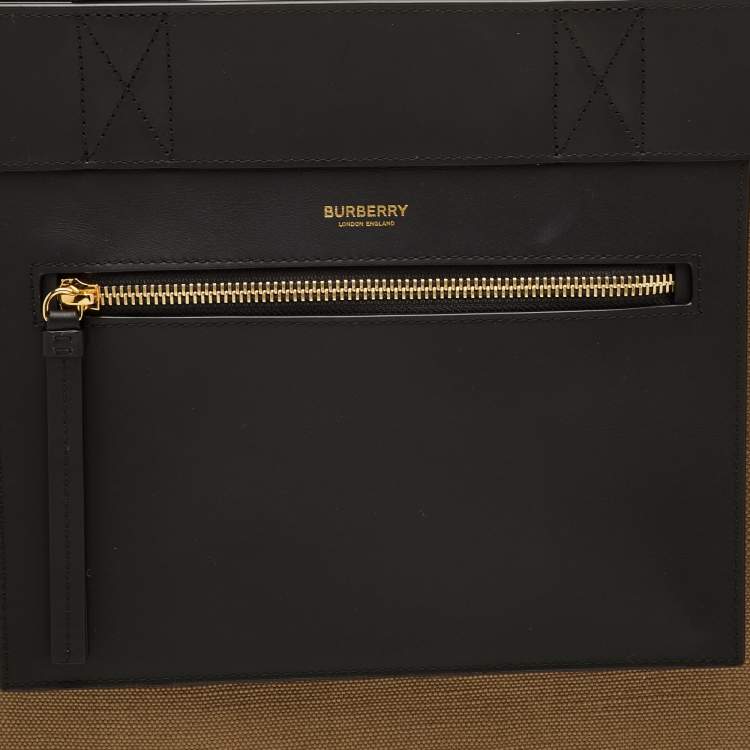 Pre Owned Burberry Pocket Manzon Small Black/Beige Canvas and Leather Shopper Tote