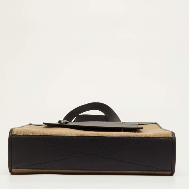 Pre Owned Burberry Pocket Manzon Small Black/Beige Canvas and Leather Shopper Tote