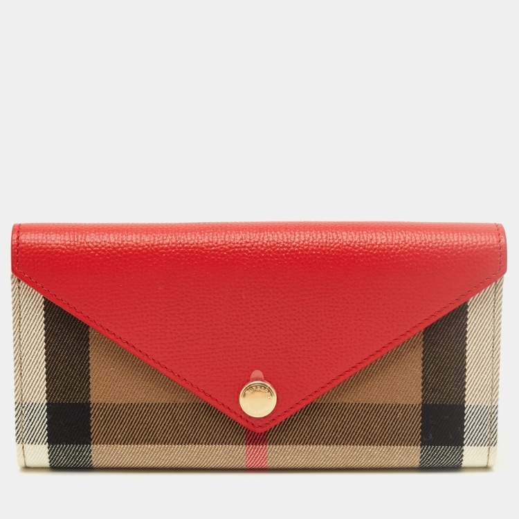 مملوكة مسبقًا Burberry Halton Red/Beige Leather and House Check Canvas Continental Wallet
