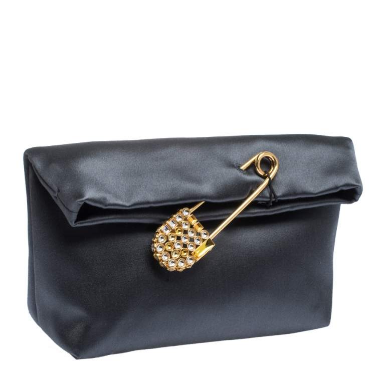 Pre Owned Burberry Grey Satin Crystal Embellished Pin Clutch
