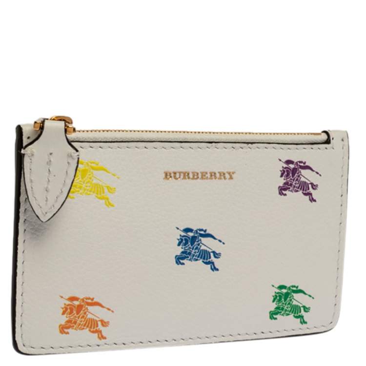 Pre Owned Burberry White/Blue Leather Equestrian Knight Zip Card Holder