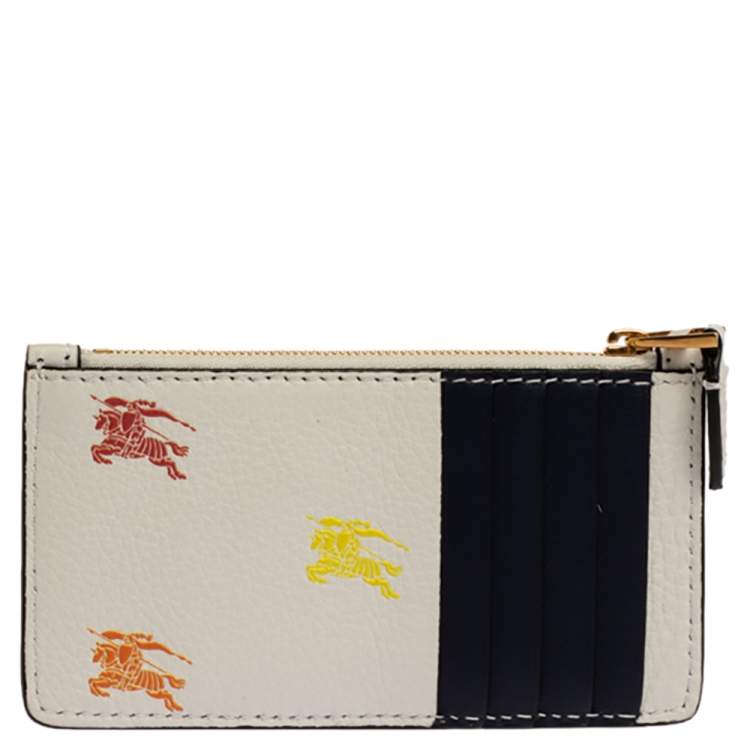 Pre Owned Burberry White/Blue Leather Equestrian Knight Zip Card Holder