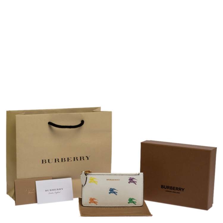 Pre Owned Burberry White/Blue Leather Equestrian Knight Zip Card Holder