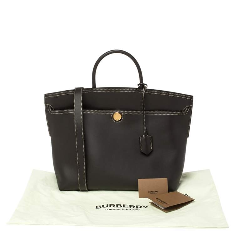 Pre Owned Burberry Dark Brown Leather Society Top Handle Bag