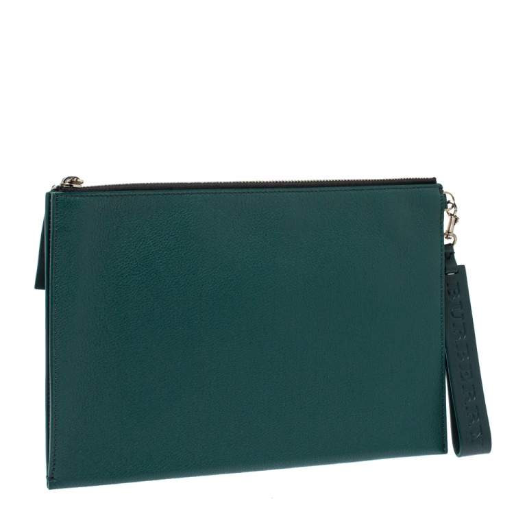 Pre Owned Burberry Dark Green Leather Edin Wristlet Clutch