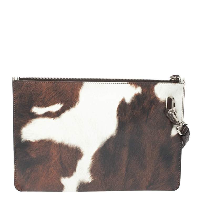 Pre Owned Burberry Mahogany Brown/White Printed Leather Wristlet Clutch 