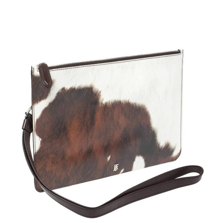 Pre Owned Burberry Mahogany Brown/White Printed Leather Wristlet Clutch 