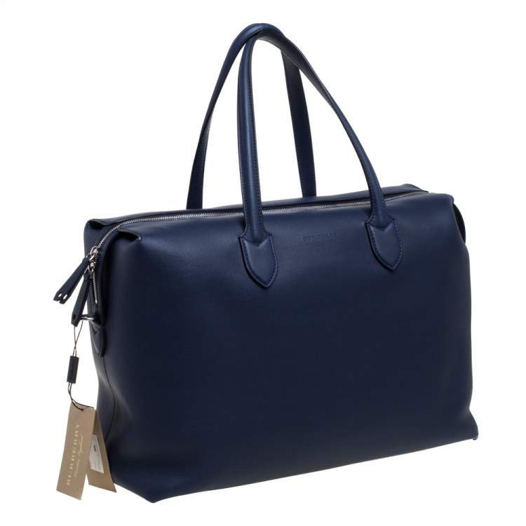Pre Owned Burberry Regency Blue Leather Lawrence Holdall Weekend Bag