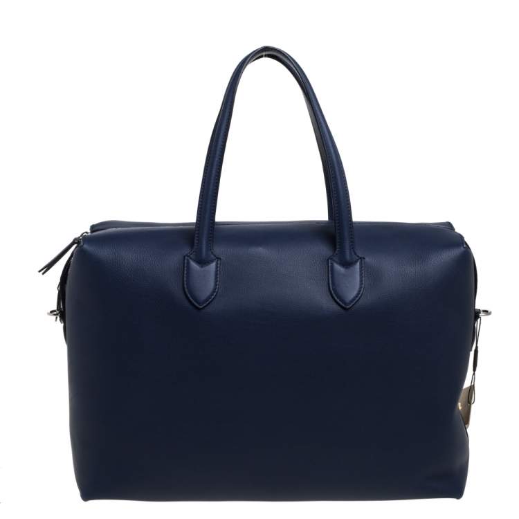 Pre Owned Burberry Regency Blue Leather Lawrence Holdall Weekend Bag