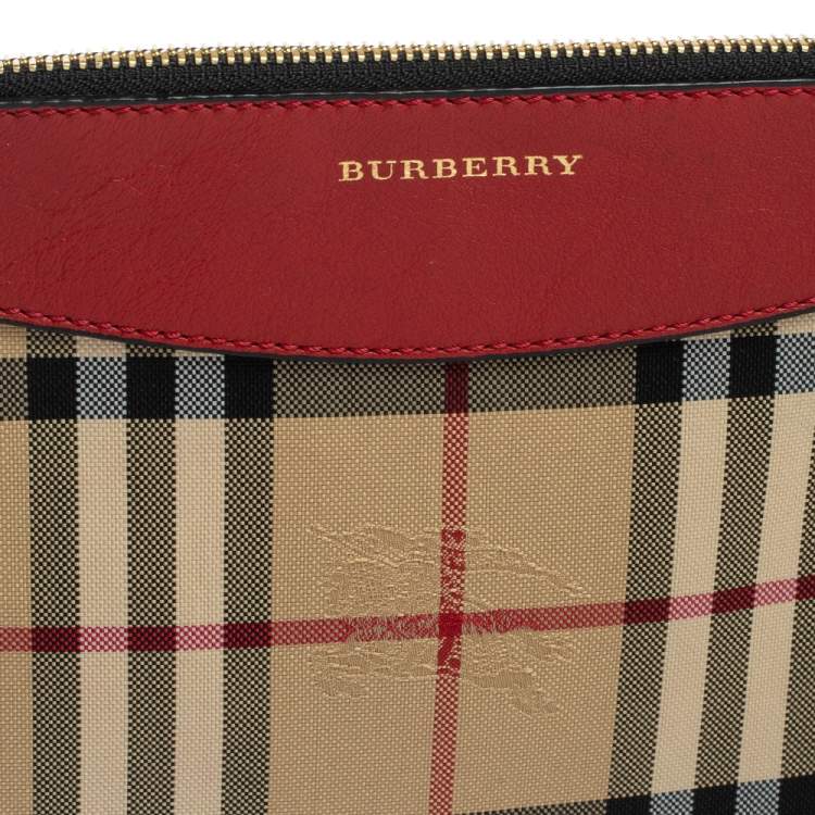 Pre Owned Burberry Red Haymarket Check Canvas and Leather Paige Wristlet Clutch