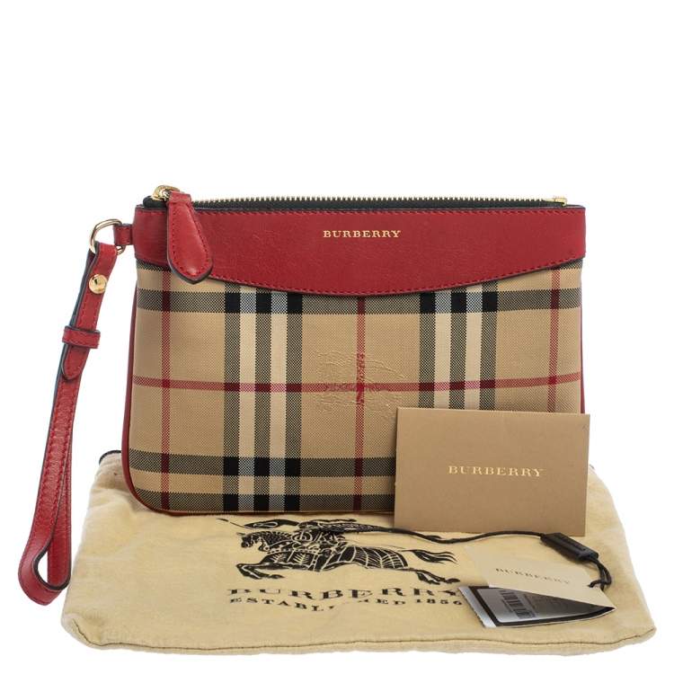 Pre Owned Burberry Red Haymarket Check Canvas and Leather Paige Wristlet Clutch