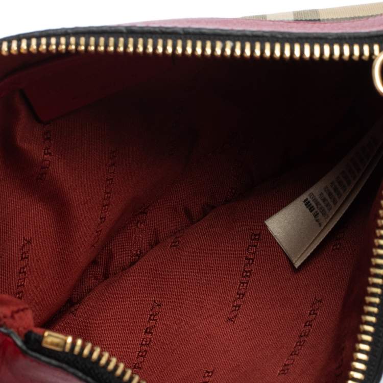Pre Owned Burberry Red Haymarket Check Canvas and Leather Paige Wristlet Clutch