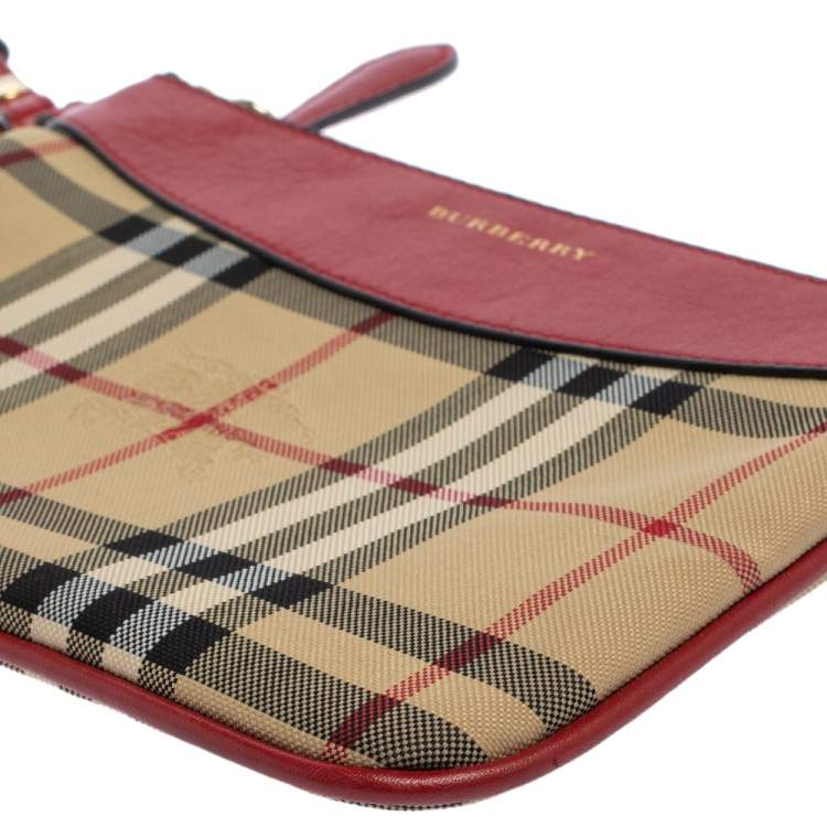 Pre Owned Burberry Red Haymarket Check Canvas and Leather Paige Wristlet Clutch